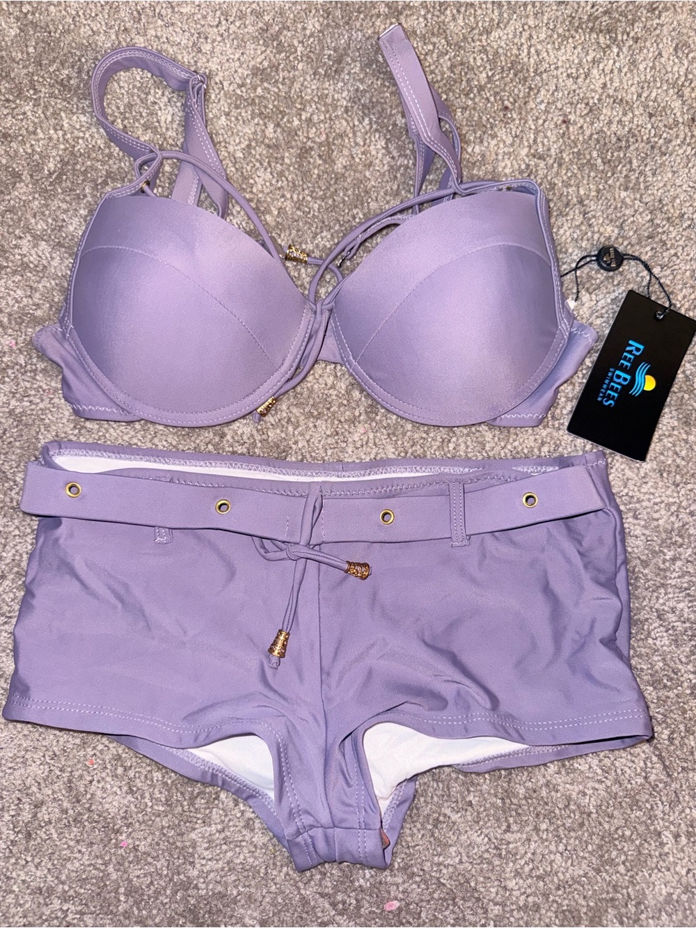 Lavender Two-Piece Bikini Set with Belted Shorts